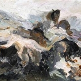 A Romantic Intervention or Horse and Reclining Naked Figure in Forest, Oil on canvas, 18x34cm - 2011